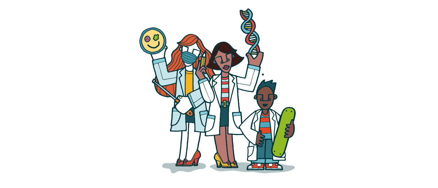 Two cartoon female scientists and small boy wearing a lab coat. 