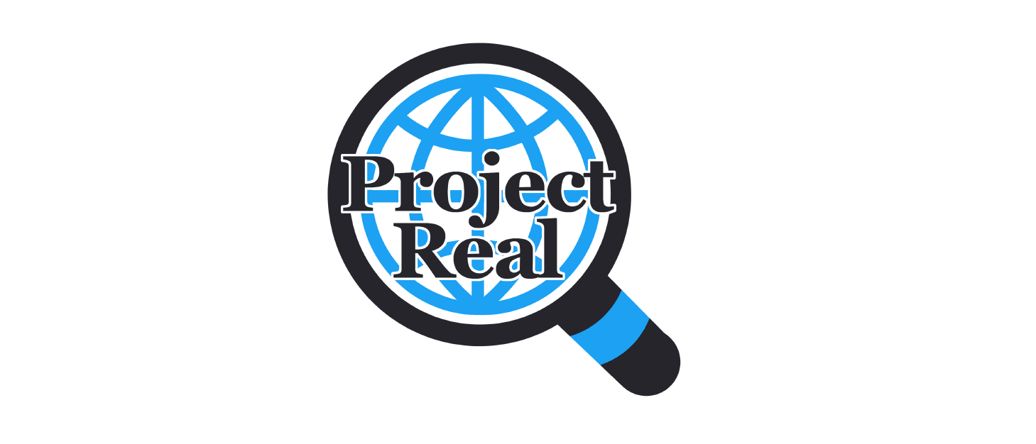 Logo. Magnifying glass with globe icon inside and the text reads 'project real' 