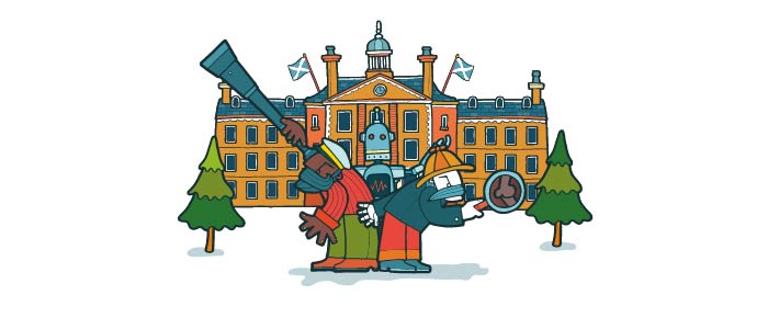 Cartoon country house with people holding telescopes, robots and magnifying glasses. 