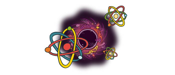 Cartoon image of a black hole surrounded by cartoon diagrams of the atom. 