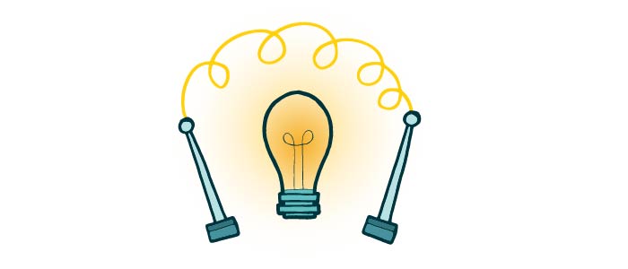 Cartoon image of a lit-up lightbulb with wires above it. 