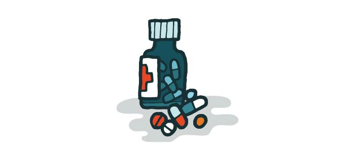 Cartoon image of a bottle of medicine surrounded by cartoon pills.