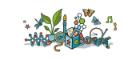 Cartoon image of various science items including a bunsen burner, plant, insects and DNA. 