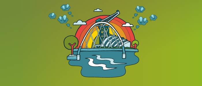 Cartoon image of a view over the Clyde showing the Finnieston Crane, SEC Armadillo and the Clyde Arc. Coming off this image are cartoon thought bubbles and musical notes.