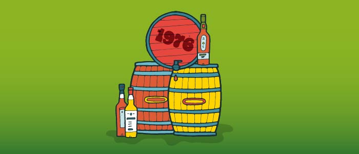 Cartoon image of 3 whisky barrels with 3 bottles of whisky on top of them. 