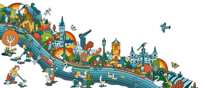 Cartoon image of a canal. On the banks are people doing litter picks, Glasgow sights such as the SEC Armadillo and the Kibble Palace. On the canal itself are barges and boats as well as swans and various other wildlife.