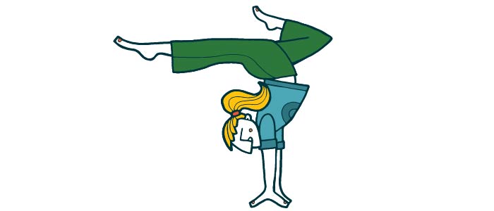 Cartoon image of a lady in a handstand yoga pose. 