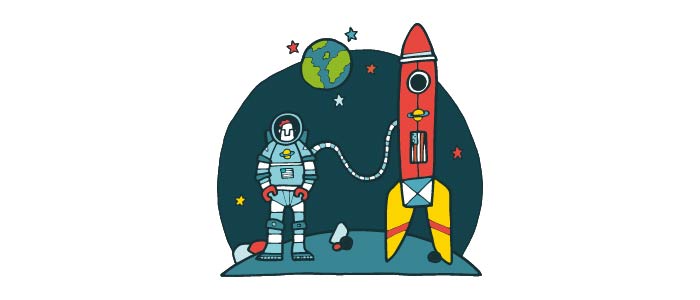 Cartoon image of an astronaut and a rocket on an unknown planet. The rocket has a Scottish flag on it, and Earth can be seen in the background. 