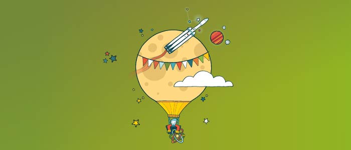 Cartoon image of a hot air balloon shaped like the Moon. A person is in the basket holding a cartoon atom, surrounded by planets, rockets, clouds and stars. 