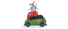 Cartoon image of a car plugged into some wind turbines.