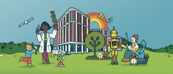 Cartoon image of the University of Glasgow’s Advanced Research Centre. In front of the building is a female scientist in a lab coat holding DNA molecules, and a man controlling a robot.  