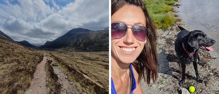 A collage of 2 photos of Heather McClelland with a black labrador and in the Scottish countryside